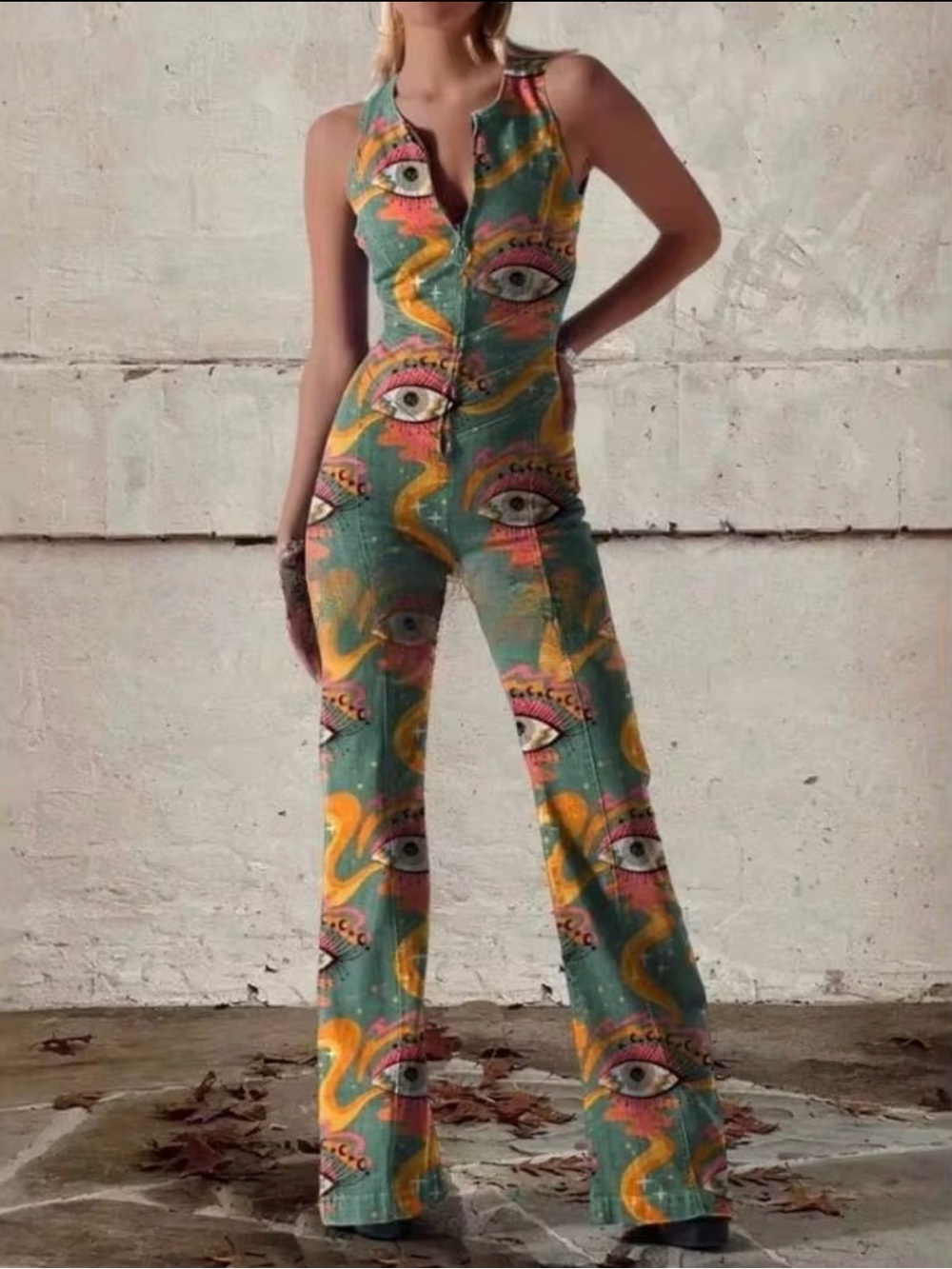 Sleeveless Eye-Print Jumpsuit in Teal & Yellow